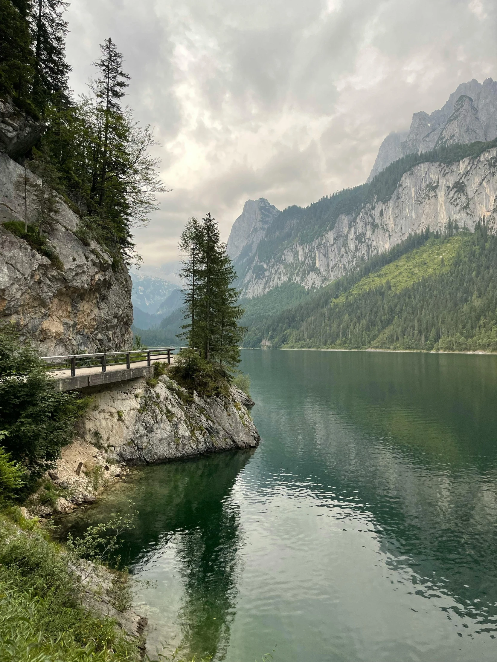 a scenic lake overlooks a mountain valley with trees on the side