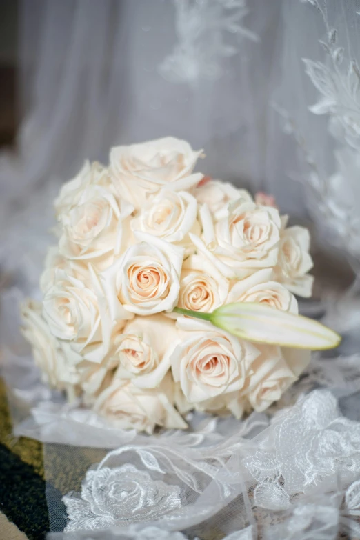 wedding bouquet of white roses on sheer fabric