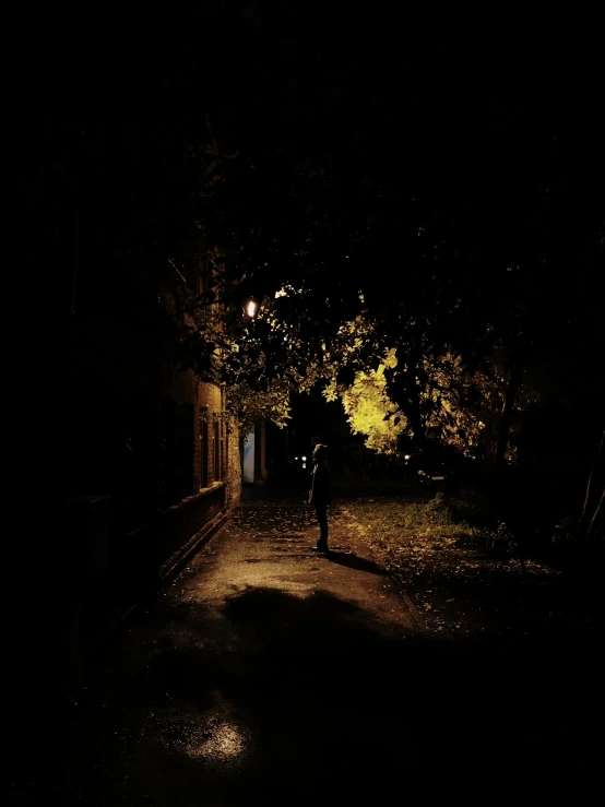 a lone person walking down the road in the dark
