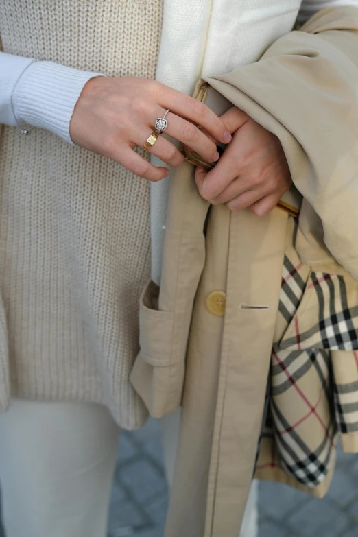 a person wearing a white coat and a yellow diamond ring