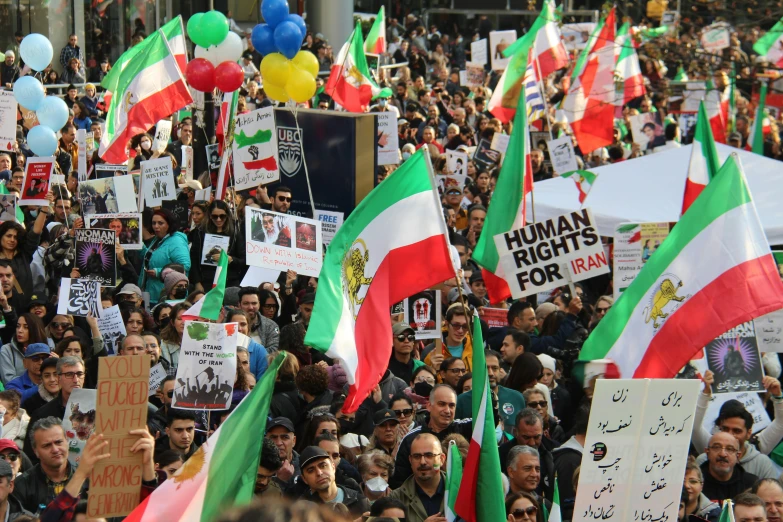 a crowd of people holding different kinds of flags