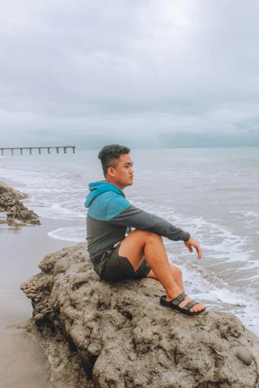 the man is sitting on a rock by the ocean