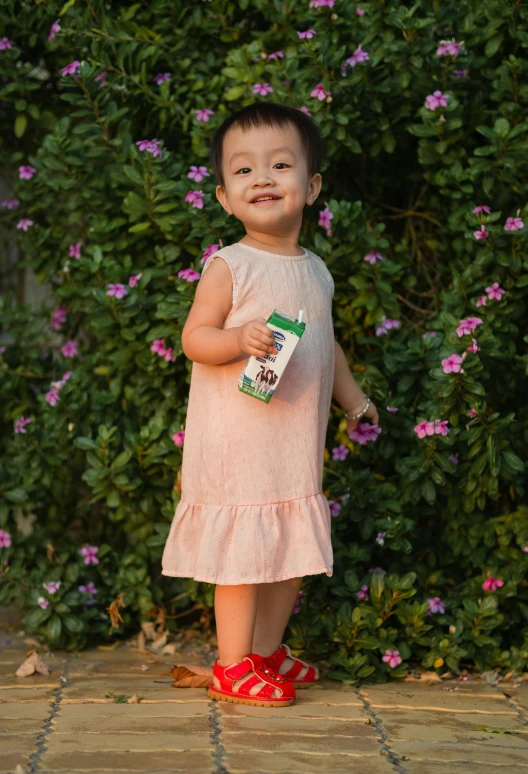 a little girl with her arms in the air standing in front of flowers