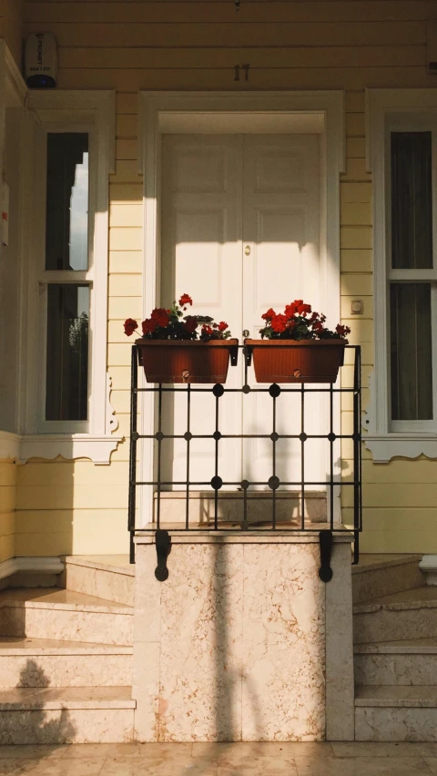 two pots of flowers on the side of a porch