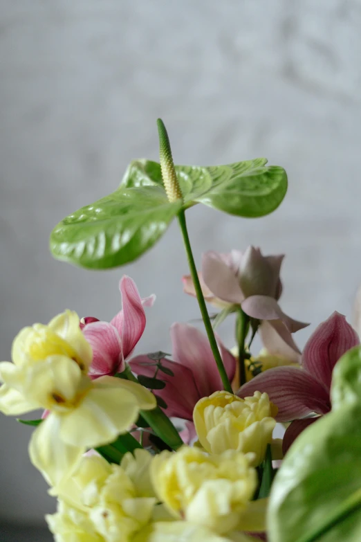 the flowers are in a vase that has leaves