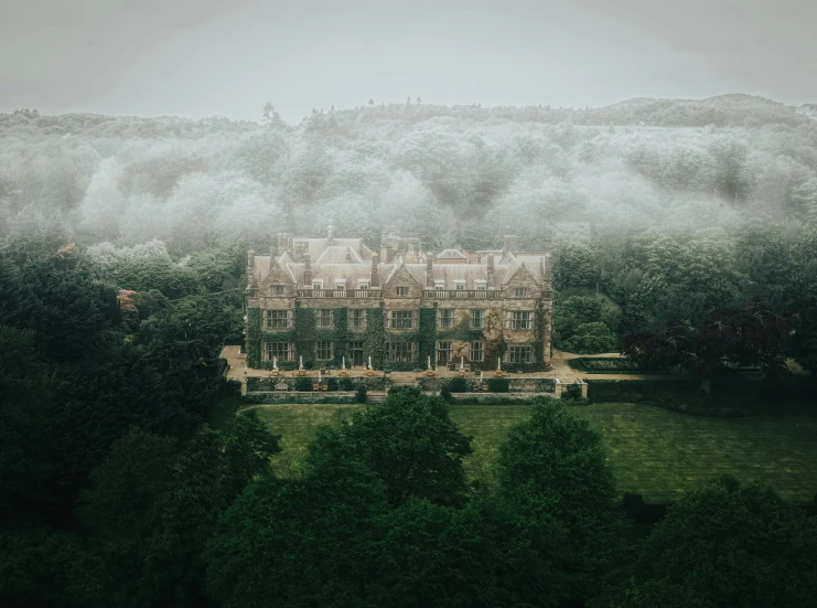 a building surrounded by trees on a foggy day