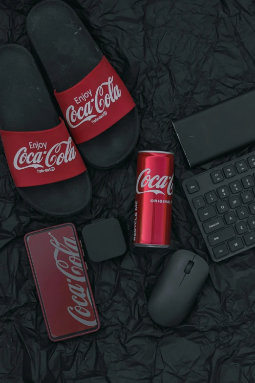 an assortment of soft drink and computer equipment