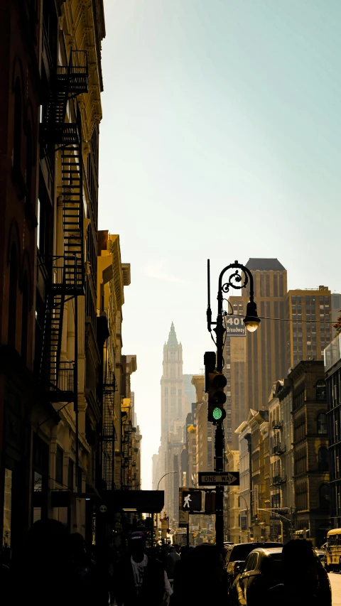 a street light and a traffic signal surrounded by buildings