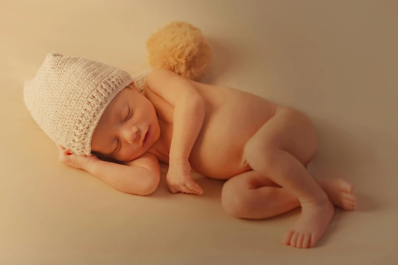 a baby sleeping on the floor while wearing a hat