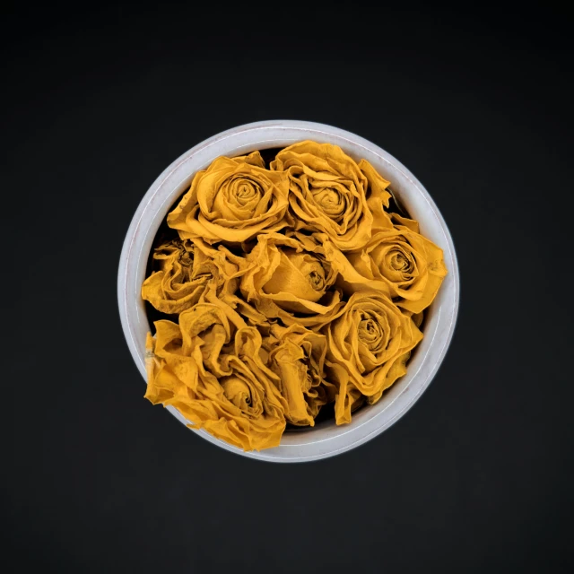 yellow dried flowers in a white bowl