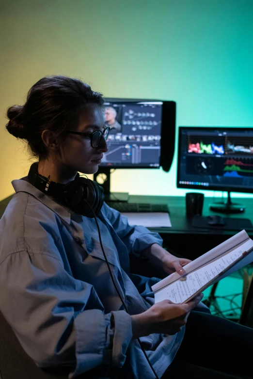 woman in earphones reading a paper on the desk