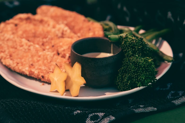 a plate has broccoli and breaded food on it