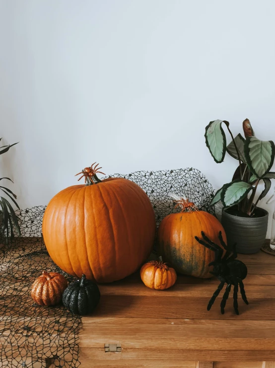 an orange pumpkin next to other halloween decorations on a wooden table