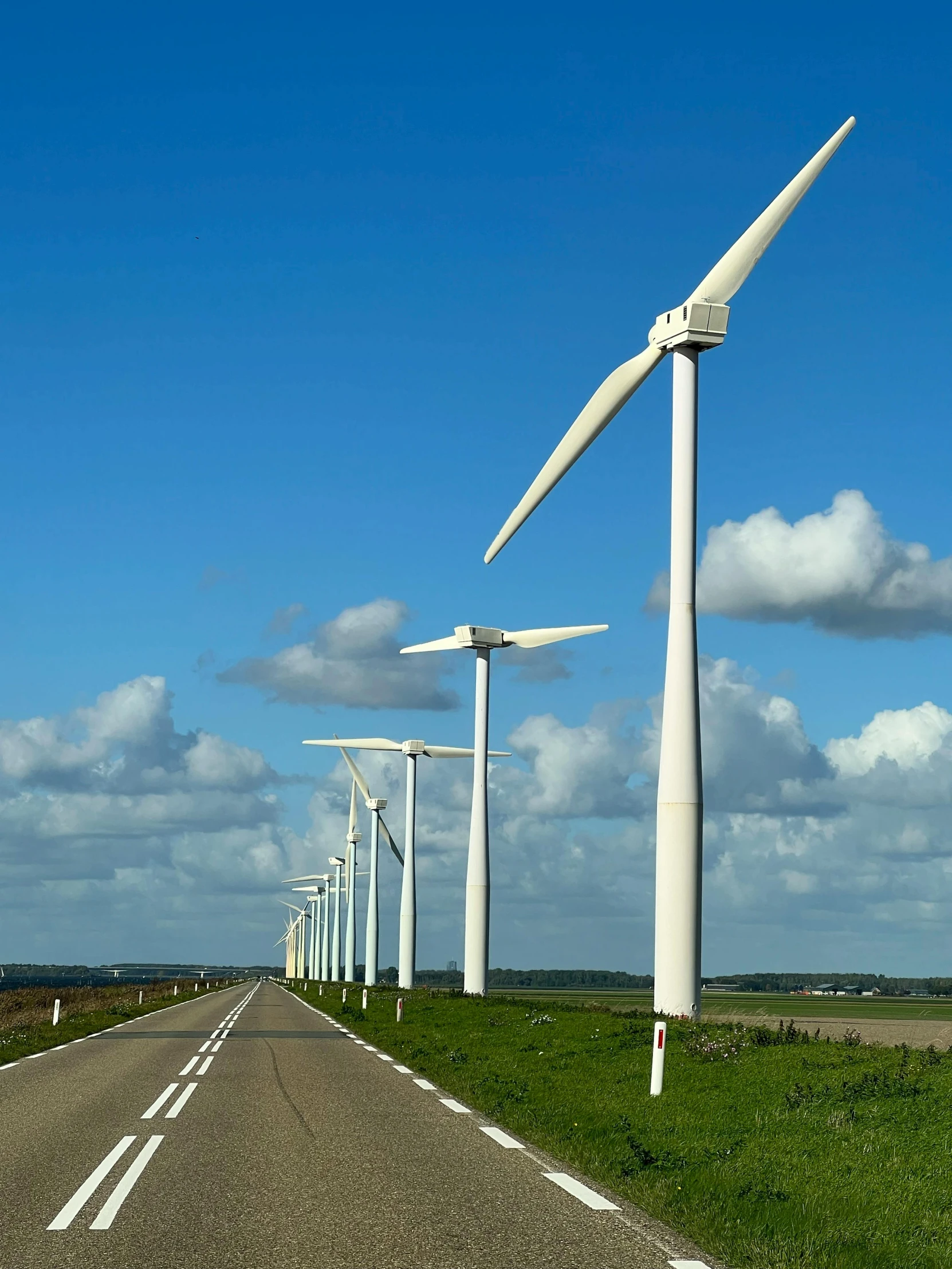 several wind mills in an open field with grass on the sides