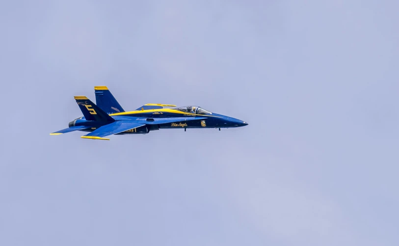 a blue and yellow fighter jet flying against a grey sky