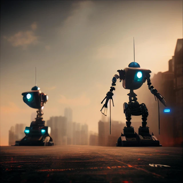 two robots are standing on concrete with their arms and  out