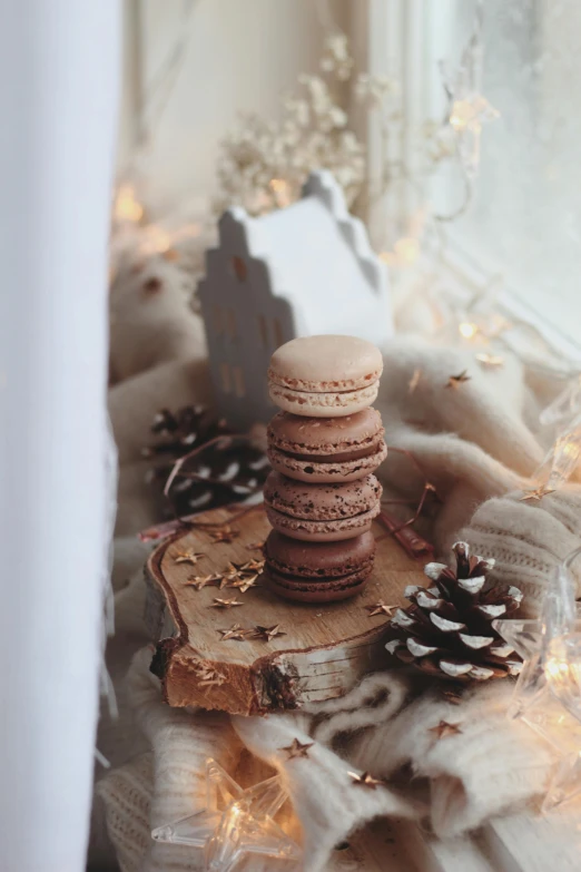 a stack of cookies on a piece of wood surrounded by pine cones