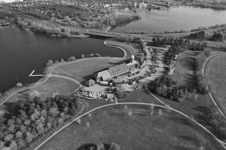 an aerial view of the park and surrounding waters