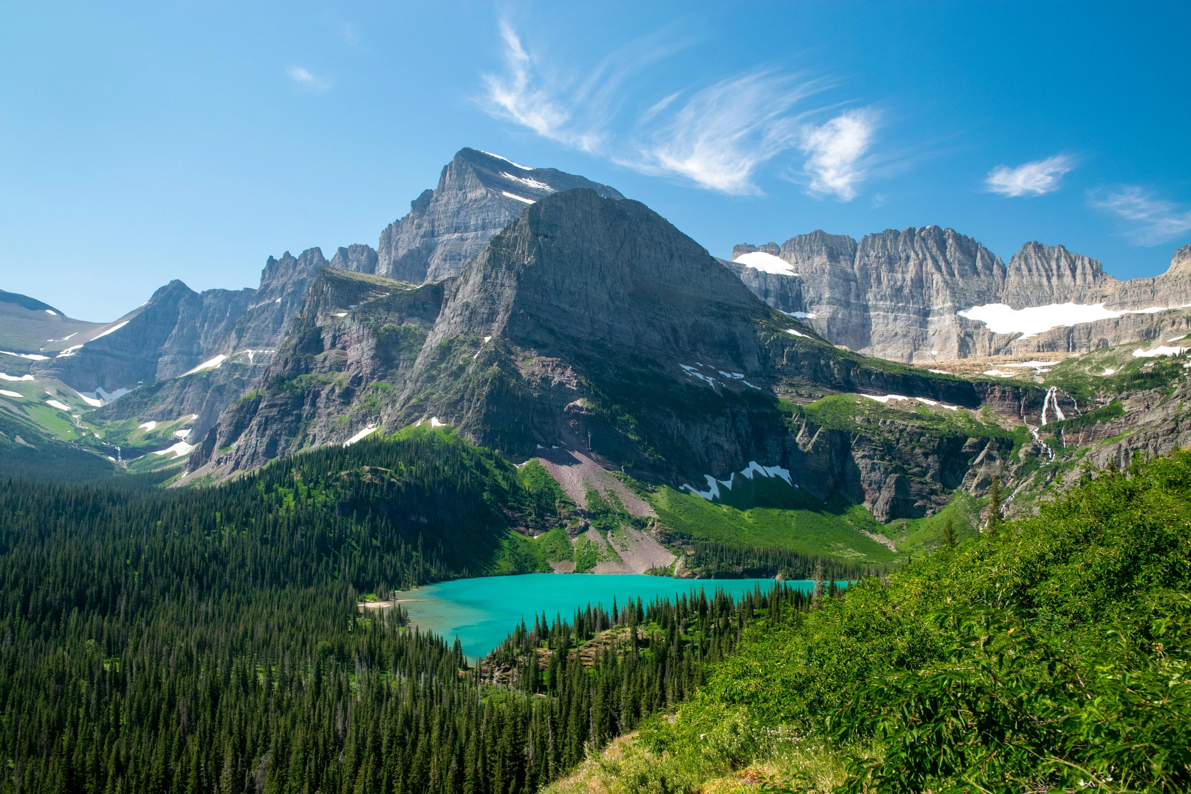 mountains, and blue lake nestled between them