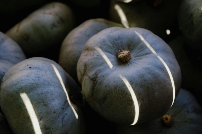 several gray apples with white lines on them