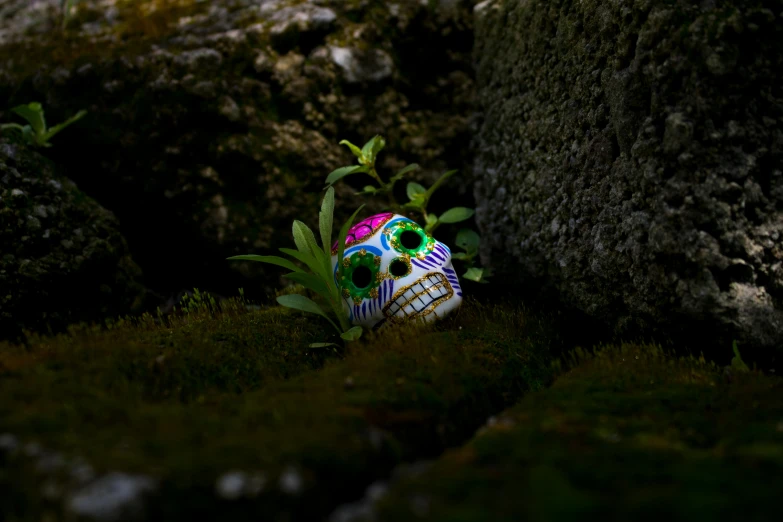 a small statue is posed near rocks