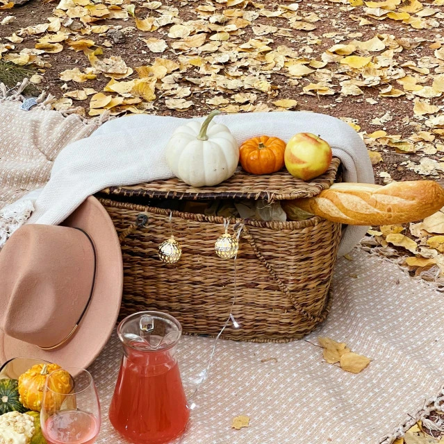 a picnic area with apples, bread, and fruit in it