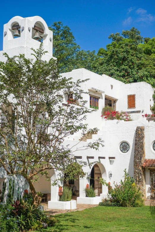 the building has many flowers in a tree