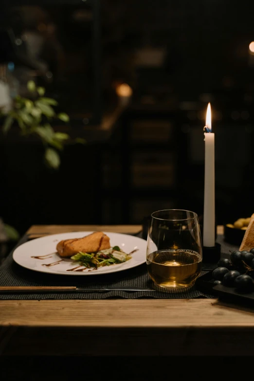 a table with bread, a plate and a wine glass