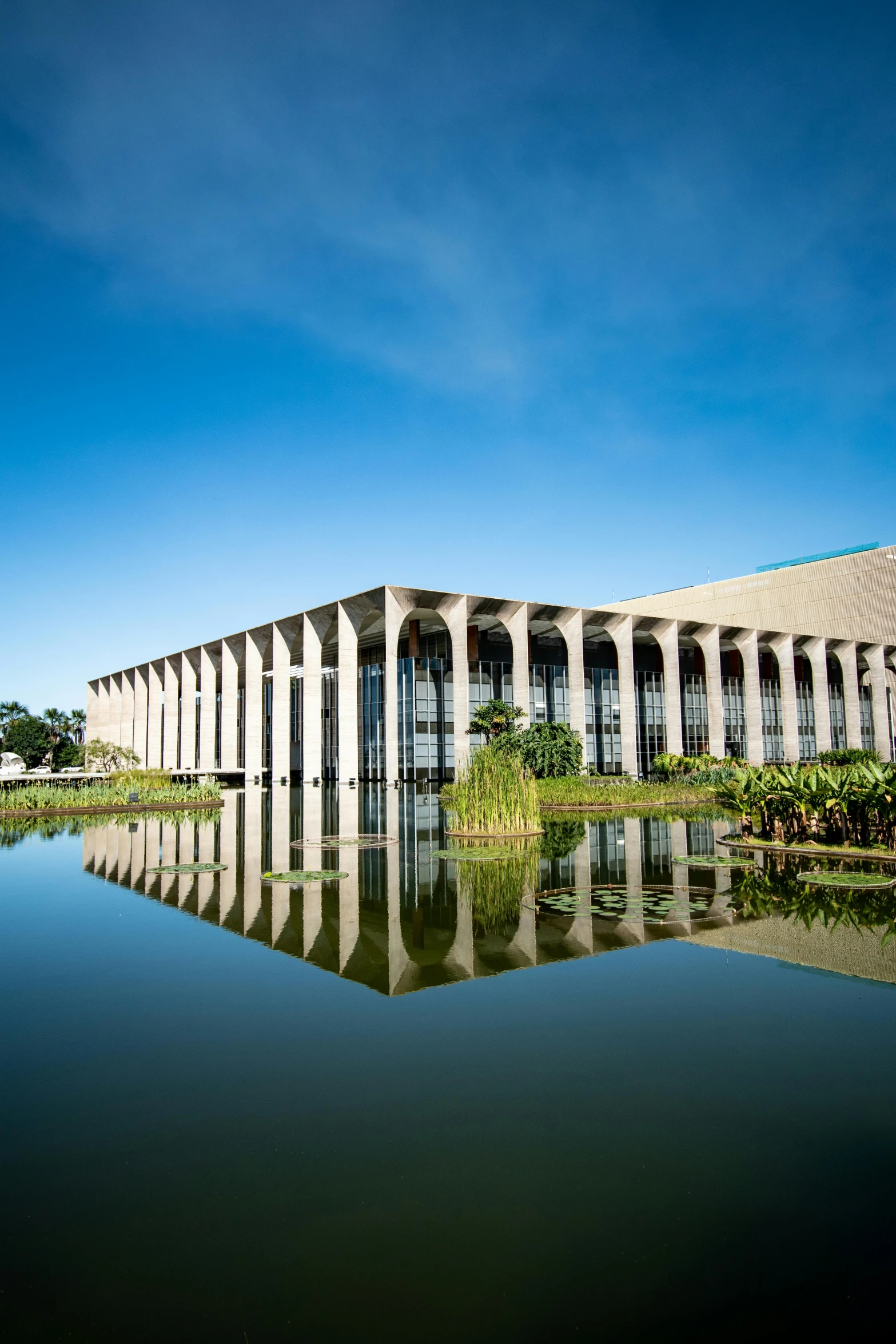 a view of a building on the other side of a lake