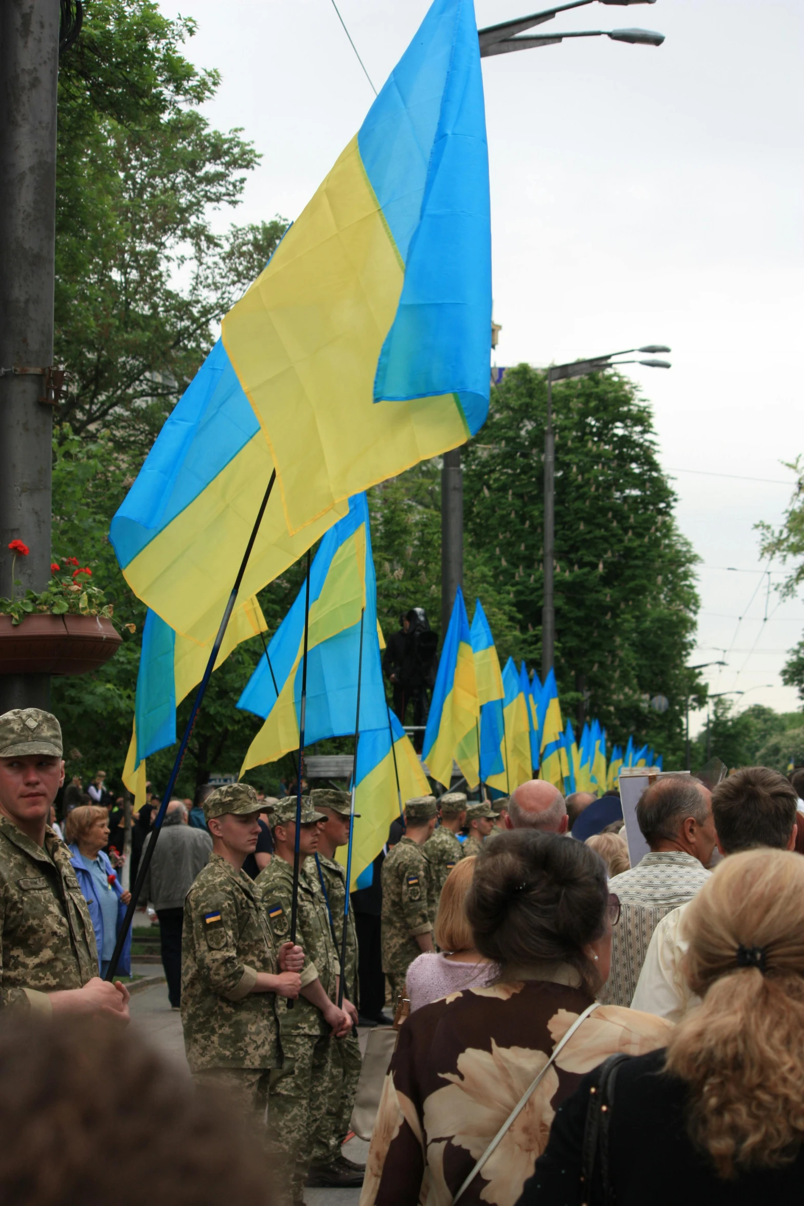 military personnel standing in formation with their flags