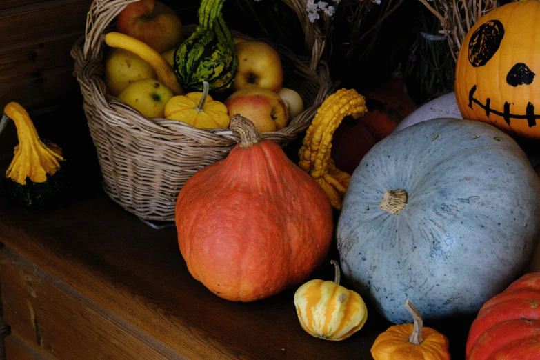 a bunch of pumpkins and gourds on display together