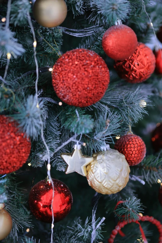 a close up image of a tree decorated with various ornaments