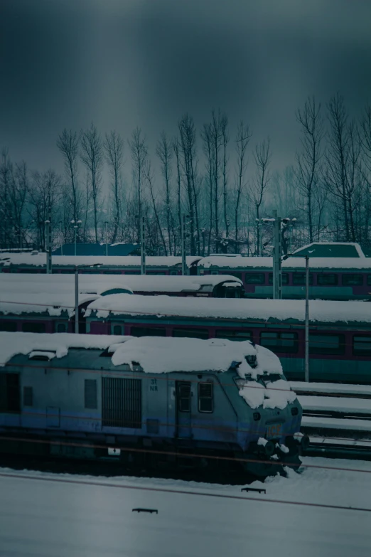 the train is traveling through the snow on the tracks