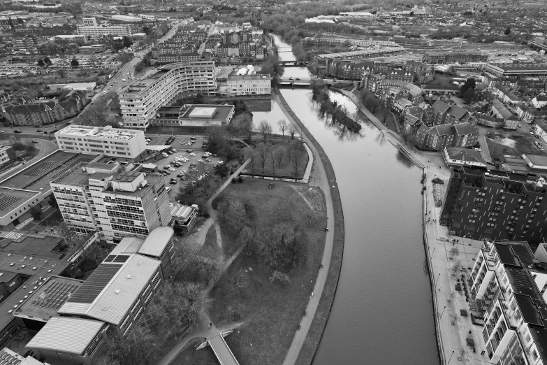 the city is surrounded by water in this aerial po