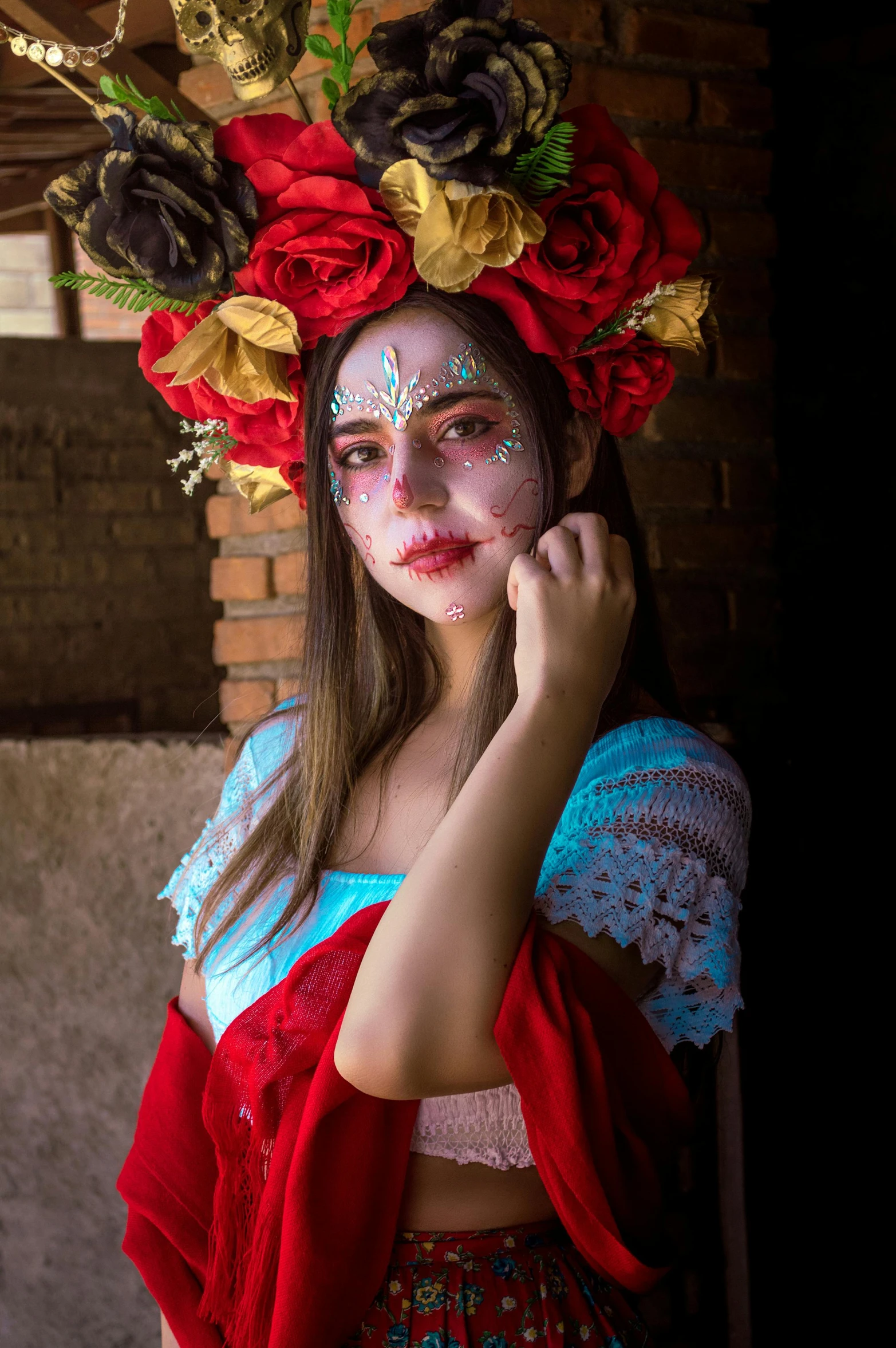 a young woman in costume poses for a po