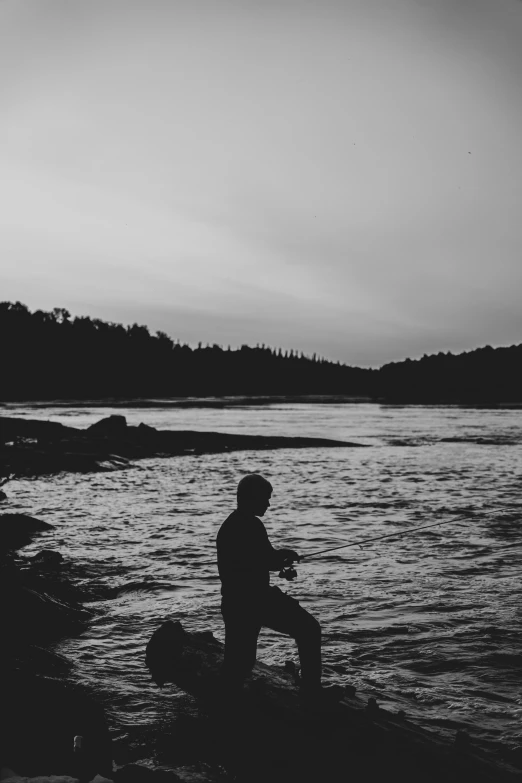silhouette of man in water near shoreline with trees