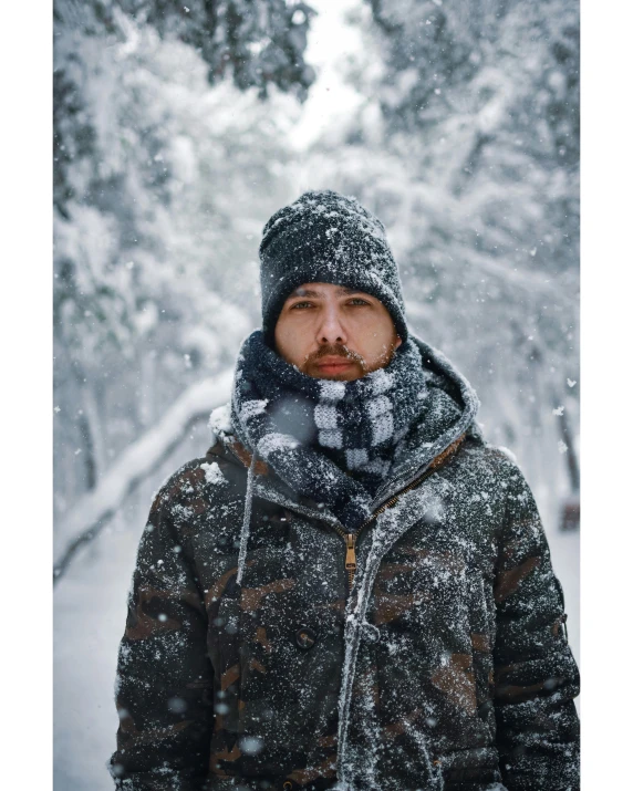 man with beard wearing coat and hat in snow storm