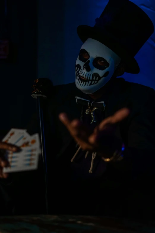 a person dressed as a skeleton wearing a top hat