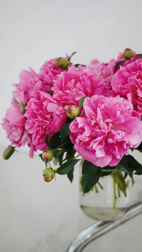 pink flowers are placed inside of a glass vase