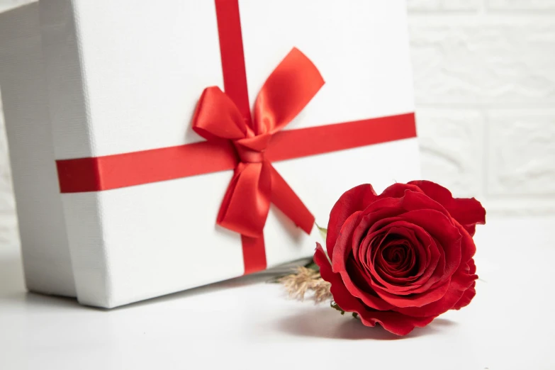 a red rose is sitting next to a wrapped present