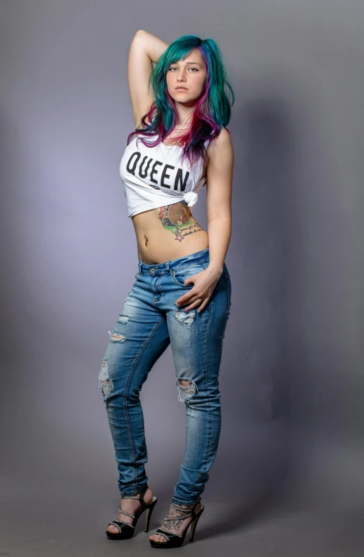 a woman with green hair is posing for a picture