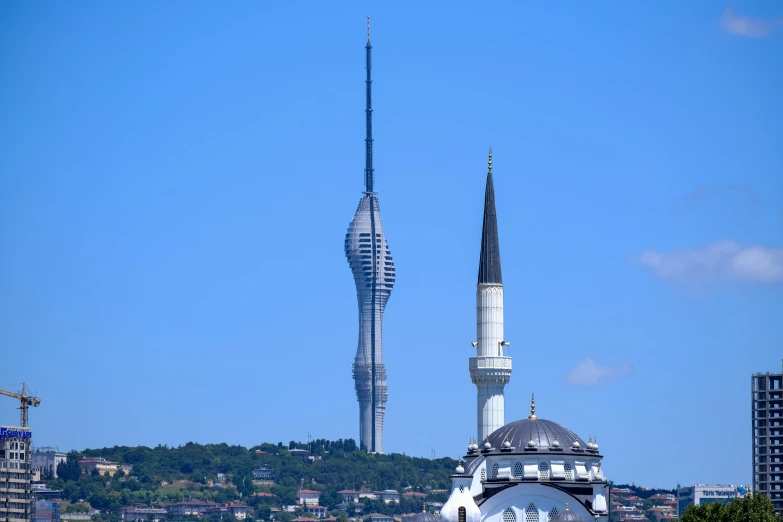 a couple of spires on top of some buildings