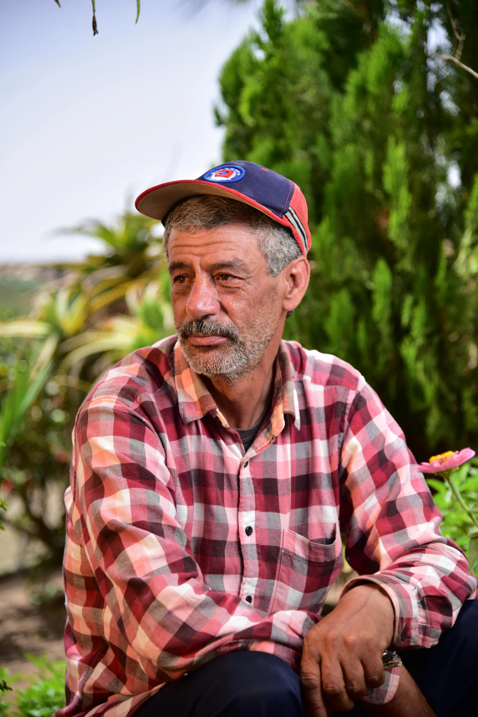 a man in plaid shirt and baseball cap sitting on green grass