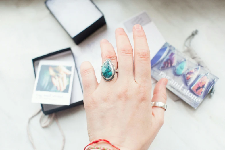 a womans hand wearing a ring and sitting in front of a picture with various items