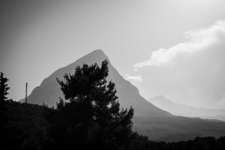 silhouetted po of trees and mountain against sky