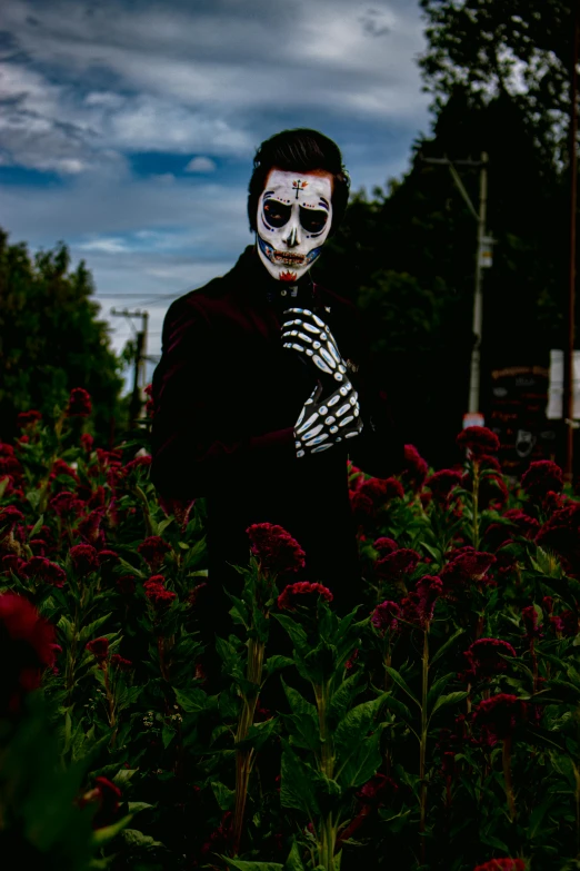 a person in skeleton makeup standing in a field of flowers