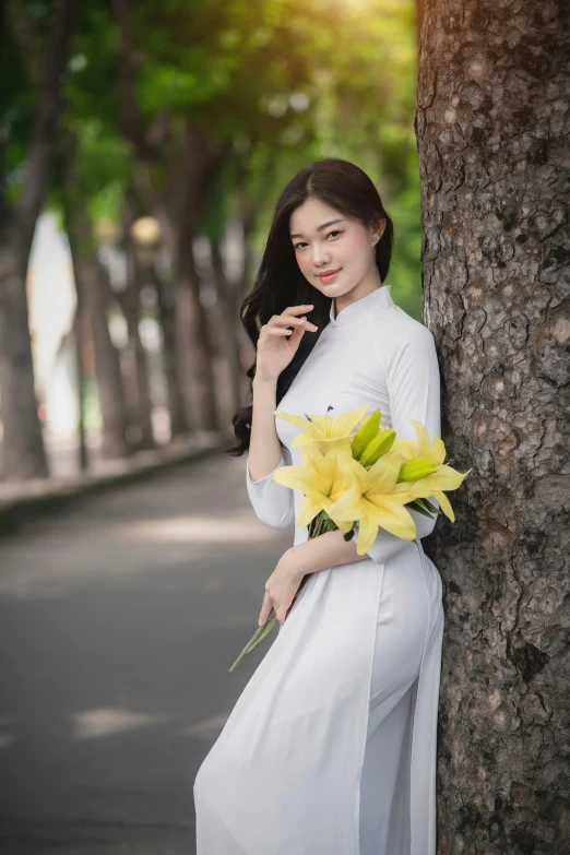 the woman is dressed in white and holding a bouquet