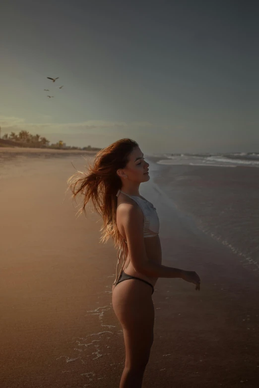 a woman in bikini is walking on the beach