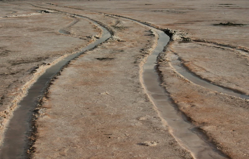 some water is being drawn by two tracks in the sand