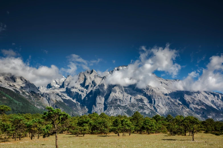 the mountains are shown behind some trees